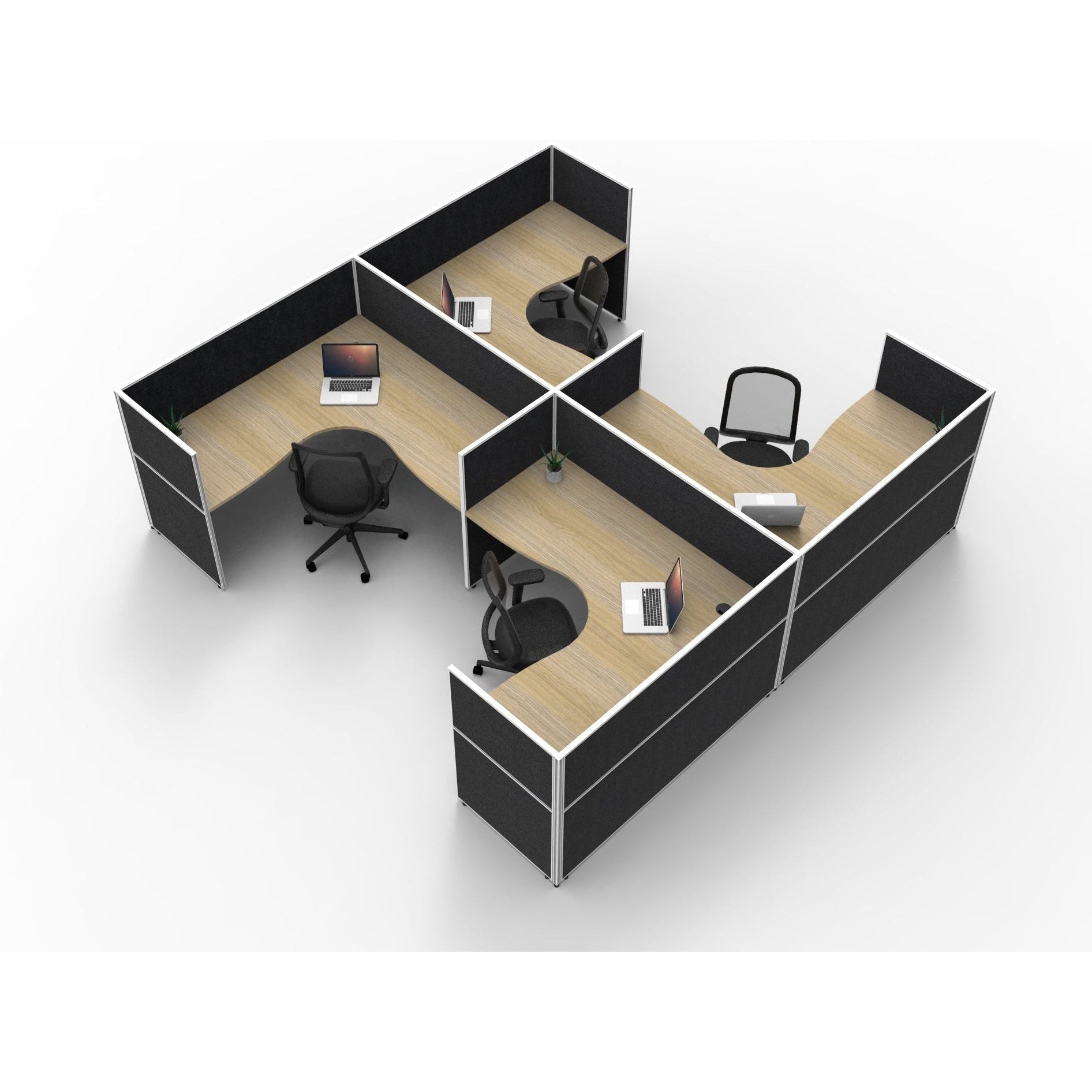SHUSH30 Corner Workstations - 4 Person 'H' Configuration - Screen Hung Tops - Oak