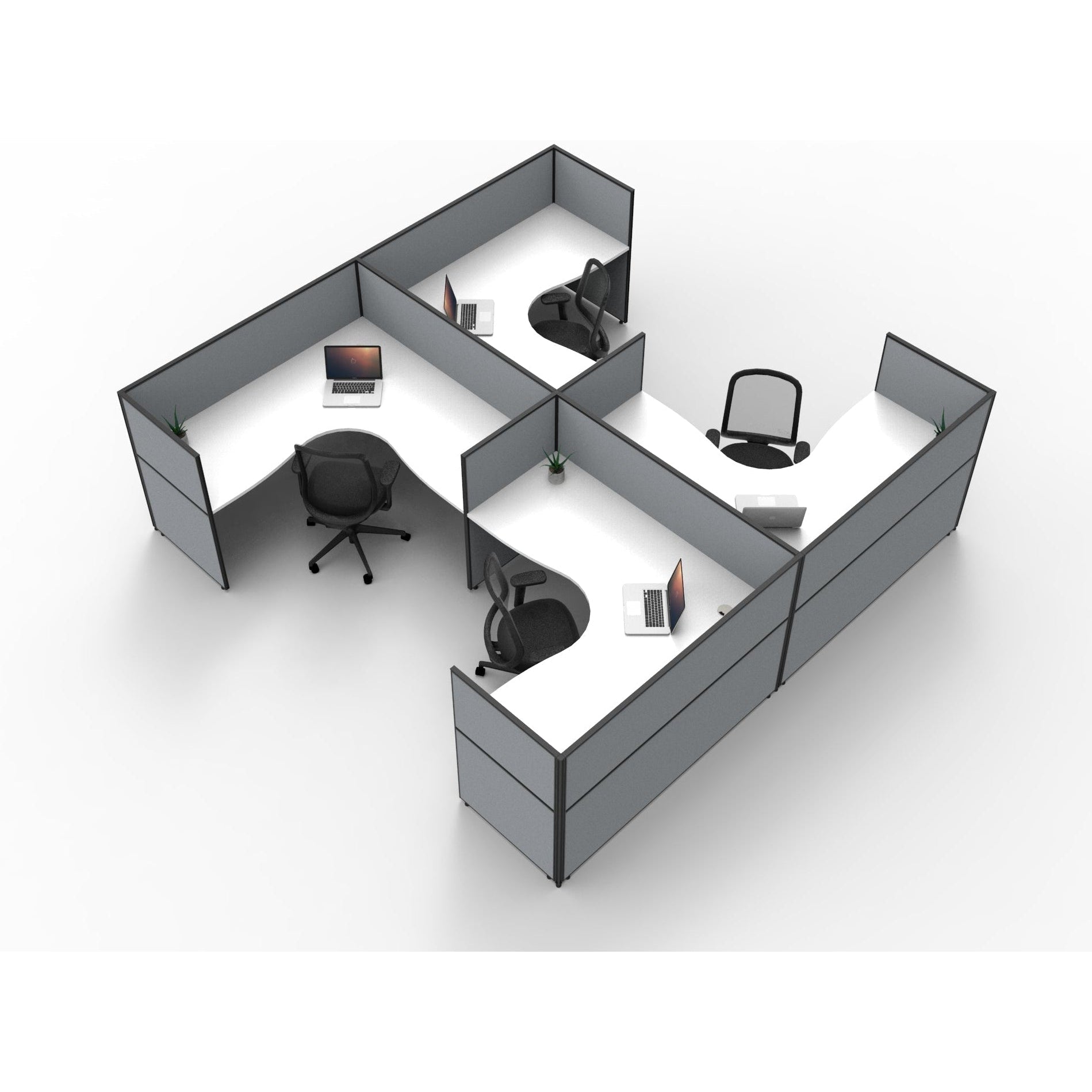 SHUSH30 Corner Workstations - 4 Person 'H' Configuration - Screen Hung Tops - White