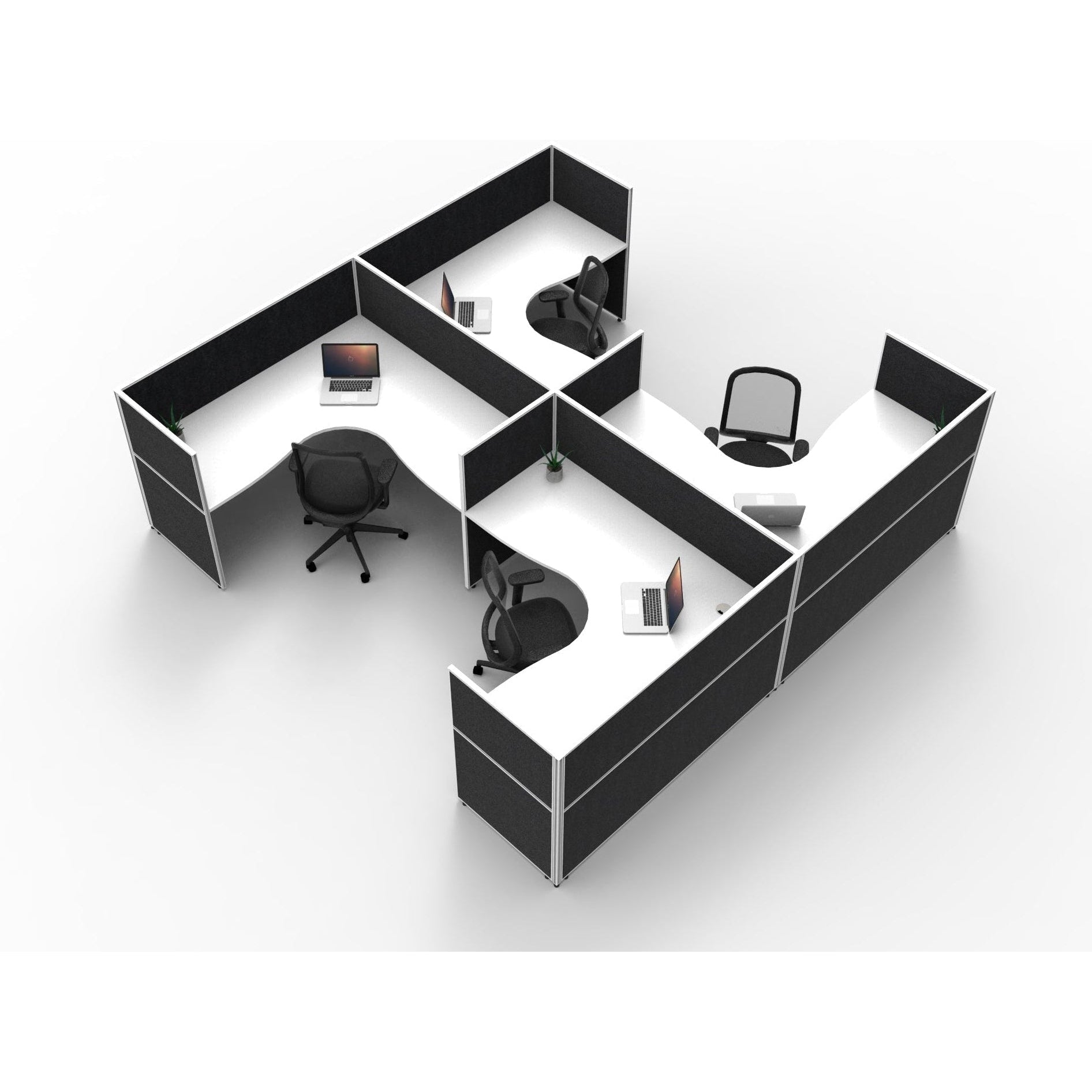 SHUSH30 Corner Workstations - 4 Person 'H' Configuration - Screen Hung Tops - White