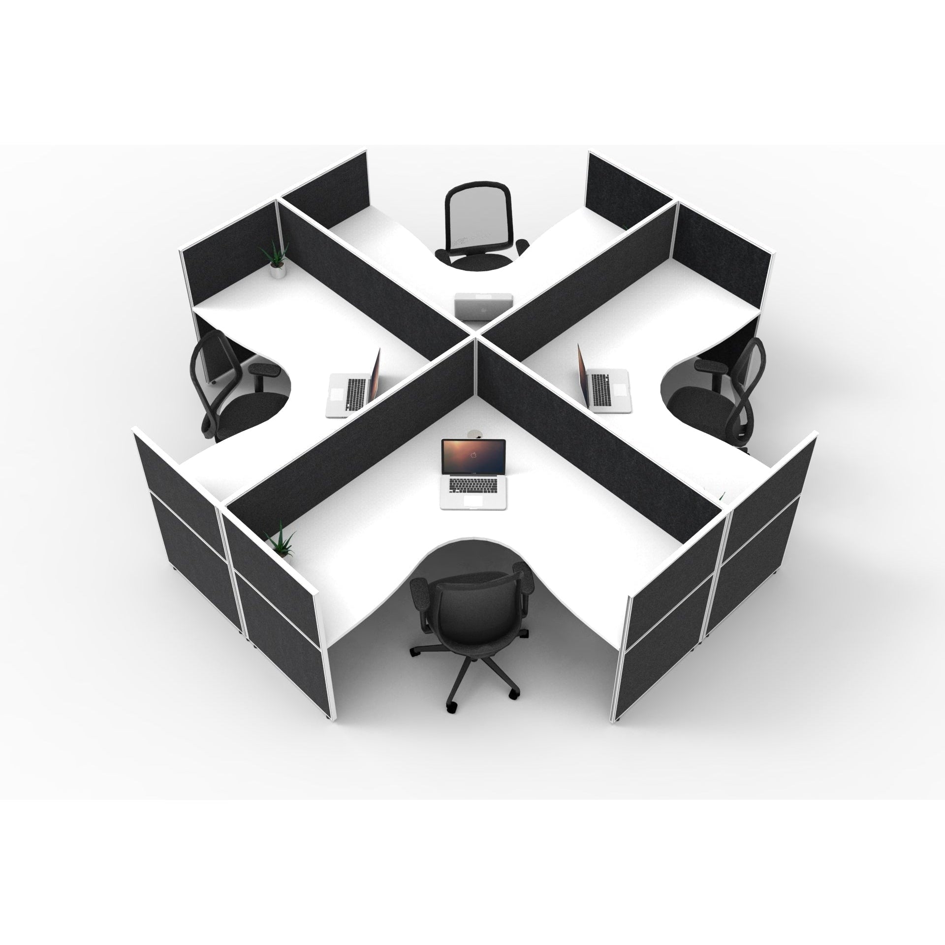 SHUSH30 Corner Workstations - 4 Person 'X' Configuration - Screen Hung Tops - White