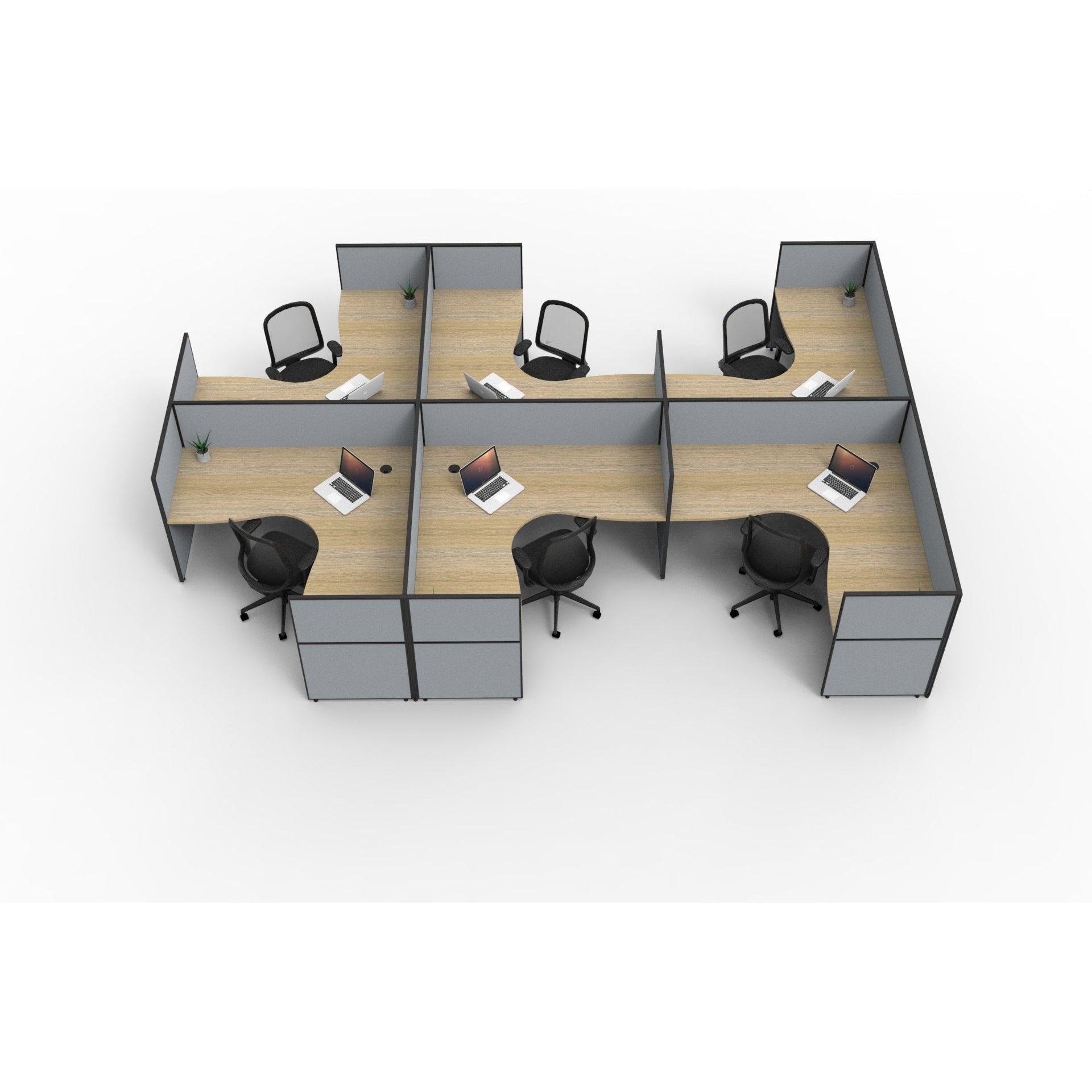 SHUSH30 Corner Workstations - 6 Person 'F' Configuration - Screen Hung Tops - Oak