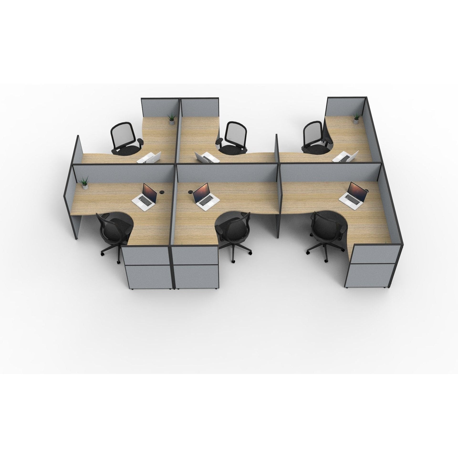 SHUSH30 Corner Workstations - 6 Person 'F' Configuration - Screen Hung Tops - Oak