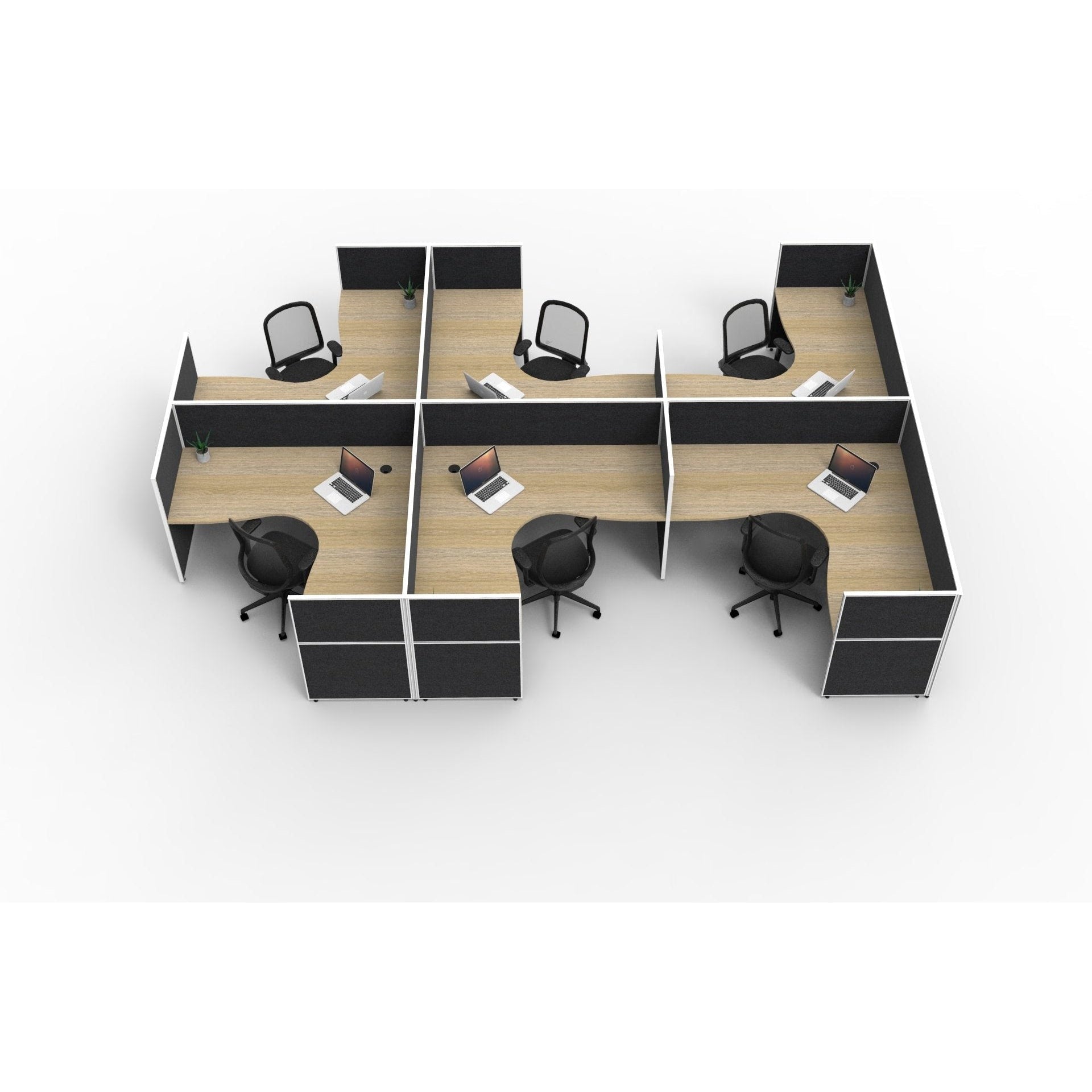 SHUSH30 Corner Workstations - 6 Person 'F' Configuration - Screen Hung Tops - Oak