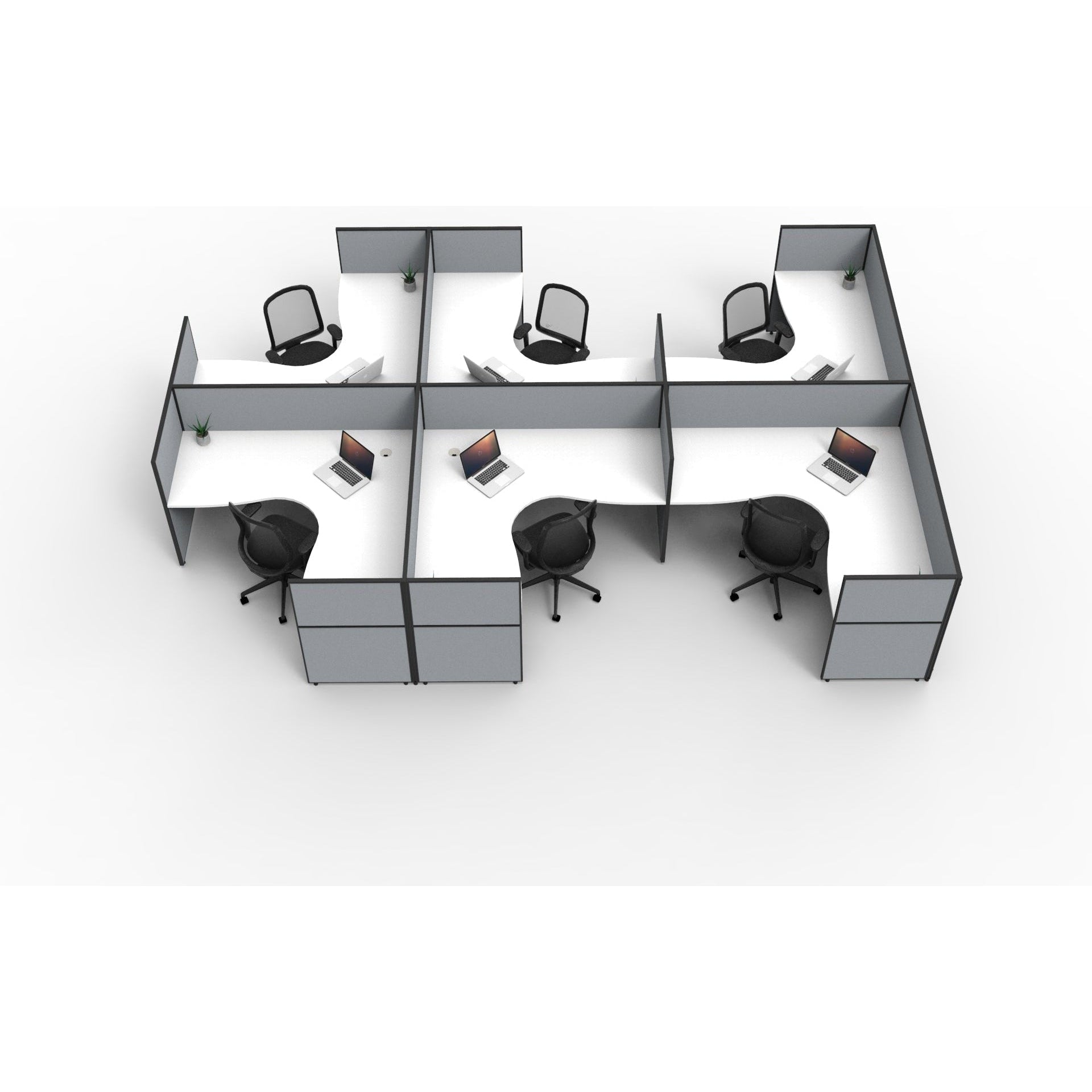 SHUSH30 Corner Workstations - 6 Person 'F' Configuration - Screen Hung Tops - White