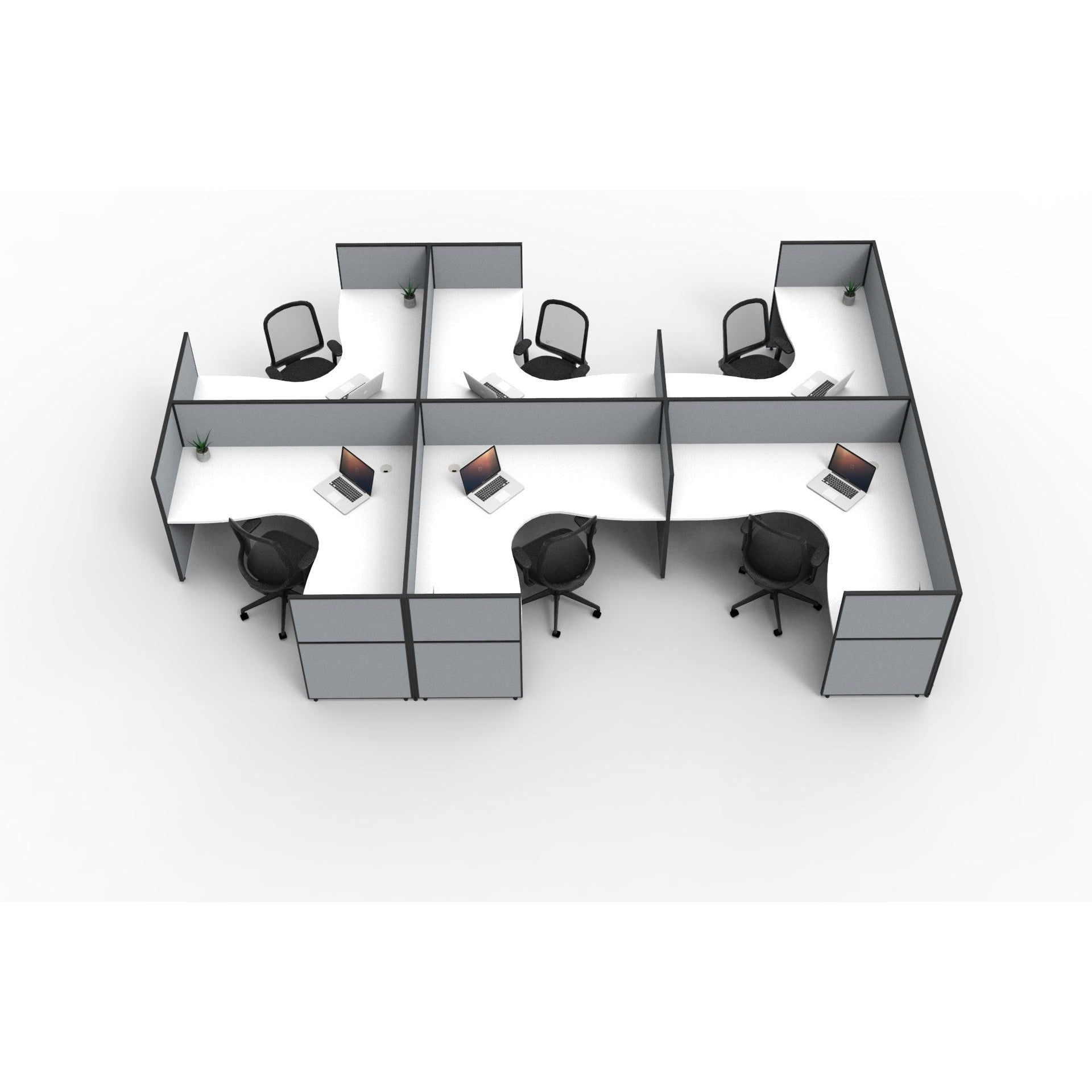 SHUSH30 Corner Workstations - 6 Person 'F' Configuration - Screen Hung Tops - White