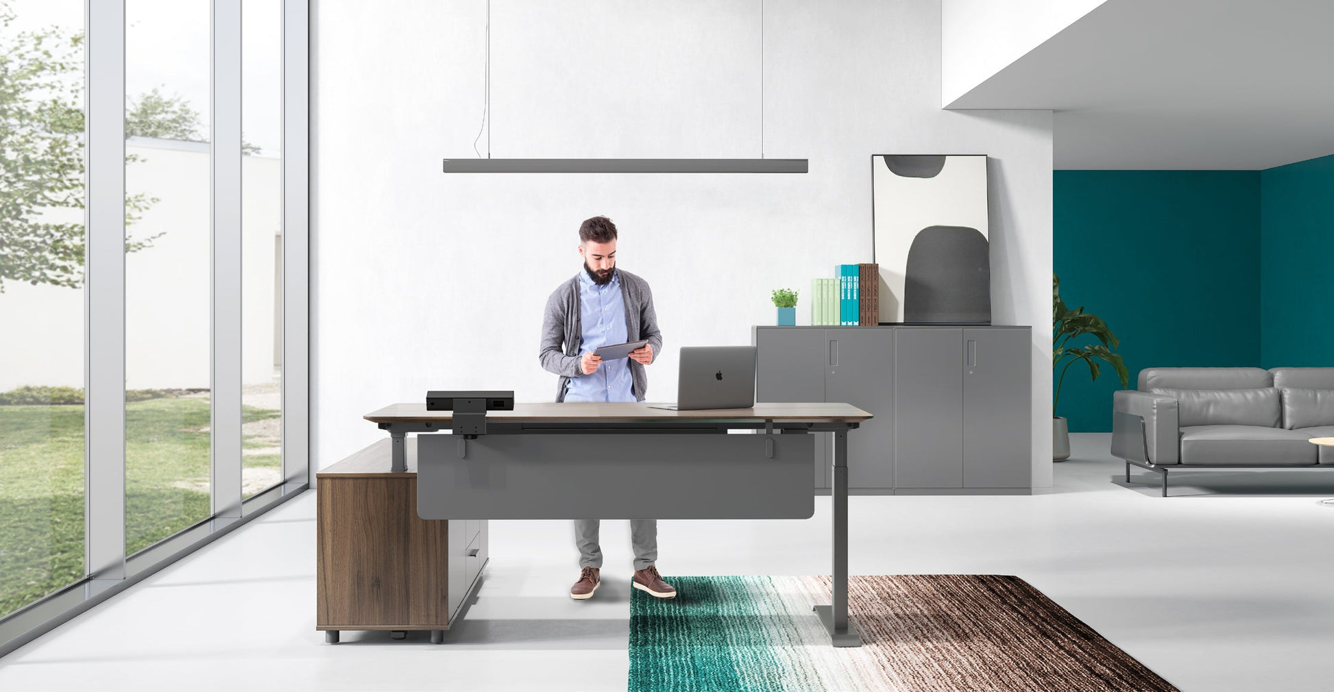 Virginia Walnut Potenza Electric Height Adjustable Desk with Credenza Return
