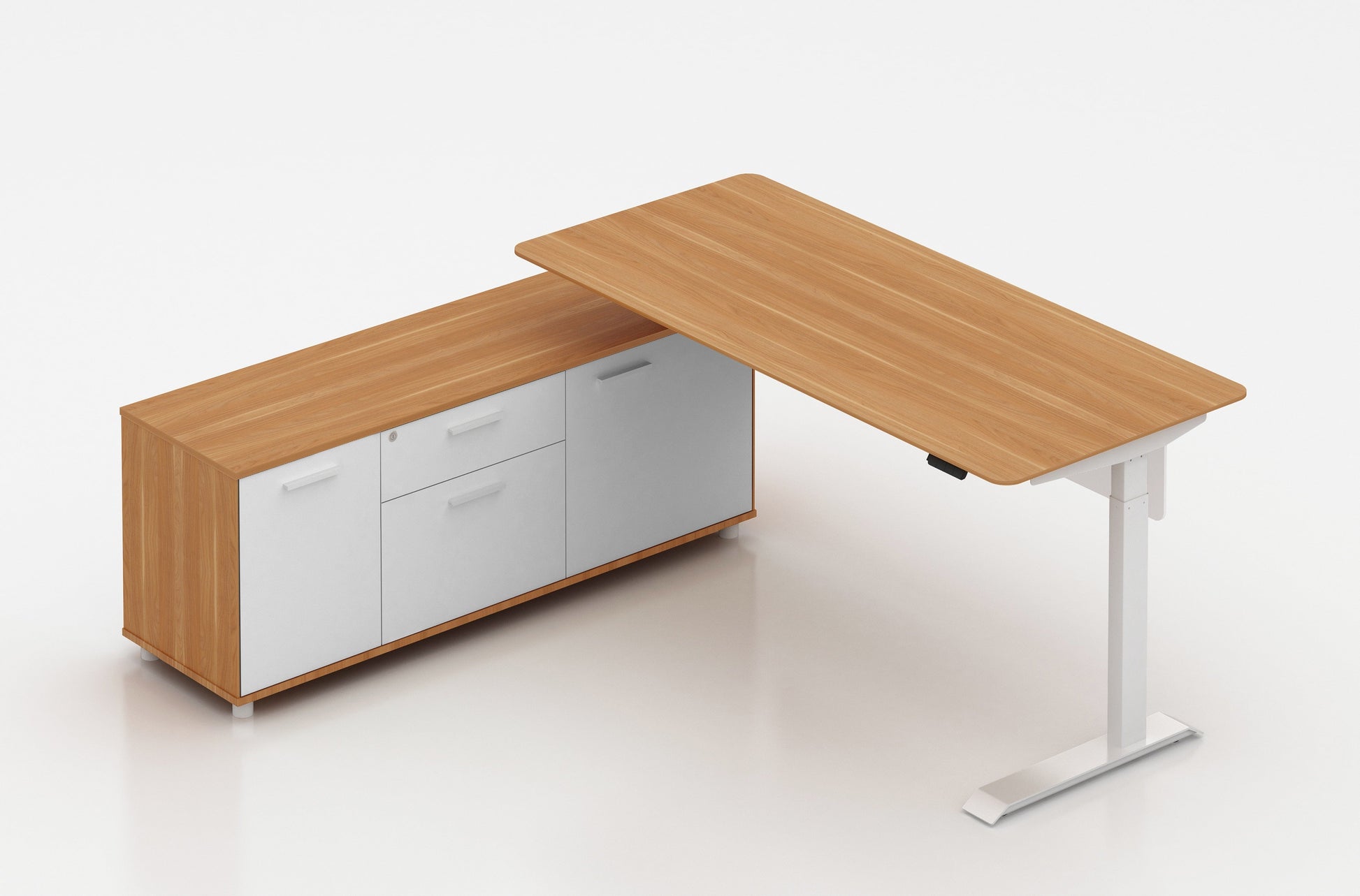 Virginia Walnut Potenza Electric Height Adjustable Desk with Credenza Return