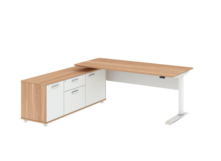 Virginia Walnut Potenza Electric Height Adjustable Desk with Credenza Return