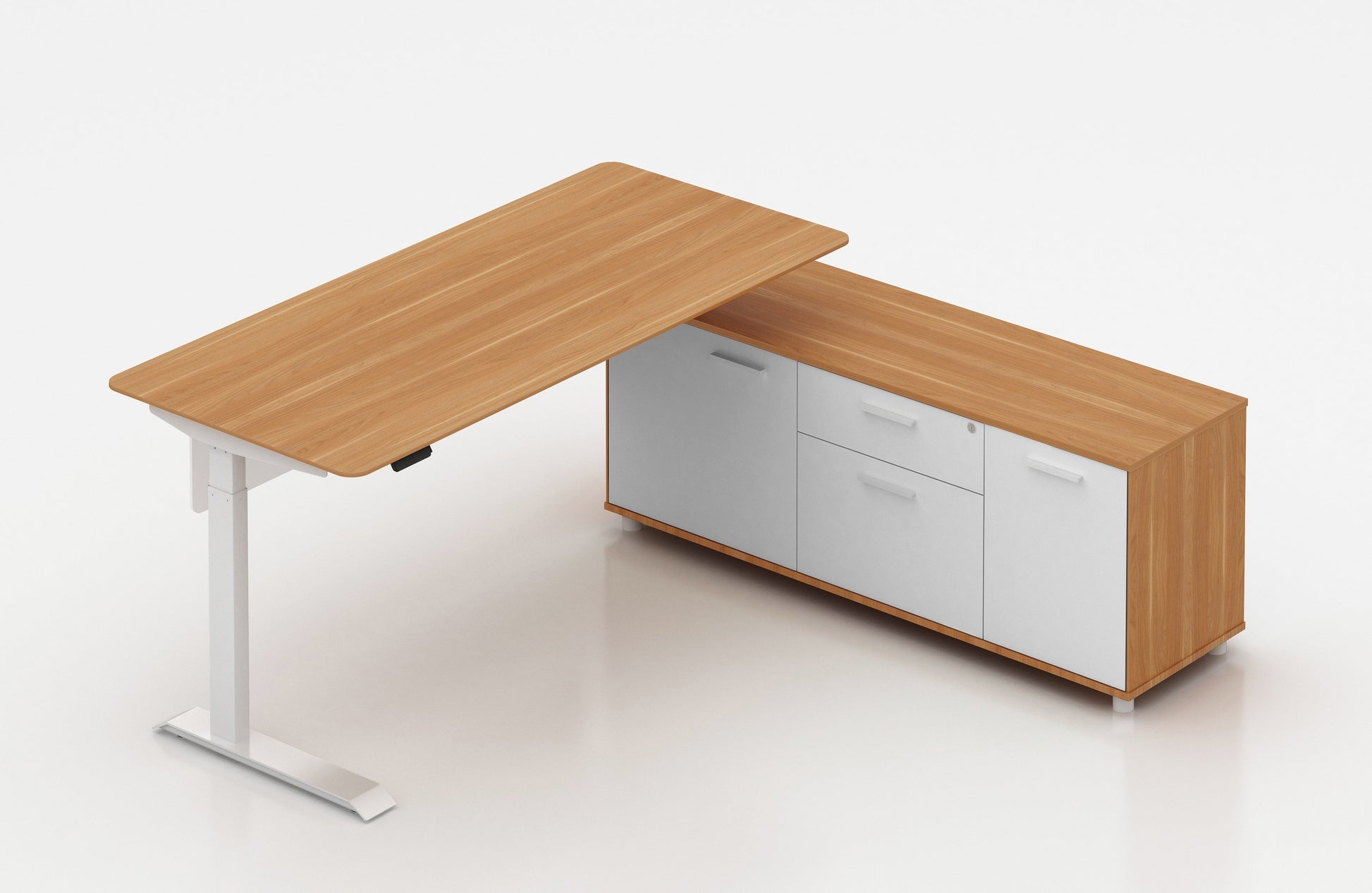 Virginia Walnut Potenza Electric Height Adjustable Desk with Credenza Return