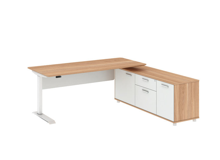 Virginia Walnut Potenza Electric Height Adjustable Desk with Credenza Return
